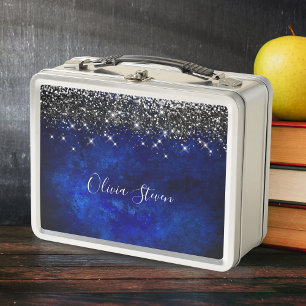 Cute royal blue black faux glitter personalized metal lunch box