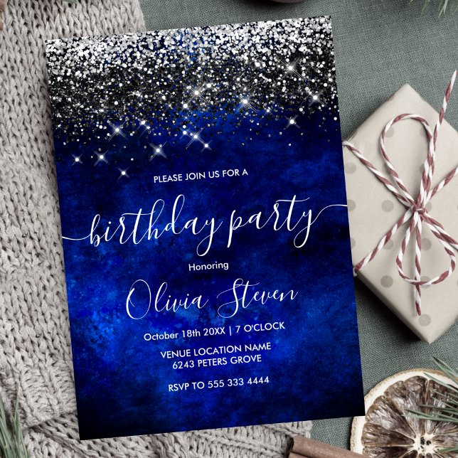 Cute royal blue gold faux glitter invitation (Creator Uploaded)