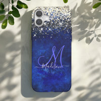 Cute royal blue gold faux glitter monogram