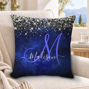 Cute royal blue gold faux glitter monogram cushion