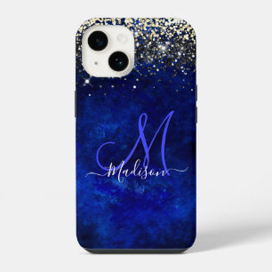 Cute royal blue gold faux glitter monogram iPhone 14 case