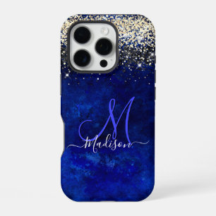 Cute royal blue gold faux glitter monogram iPhone 16 pro case