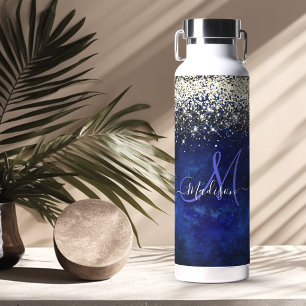Cute royal blue gold faux glitter monogram water bottle