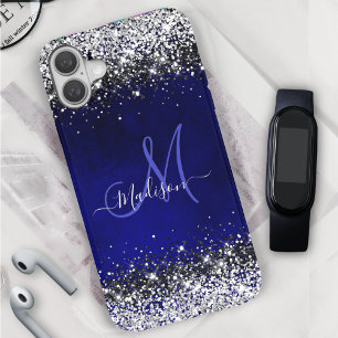 Cute royal blue silver faux glitter monogram Case- iPhone 16 Case
