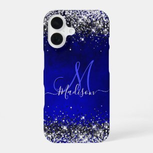 Cute royal blue silver faux glitter monogram Case- iPhone 16 Case