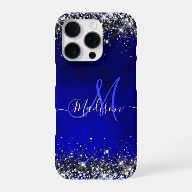 Cute royal blue silver faux glitter monogram Case- iPhone Case (Back)