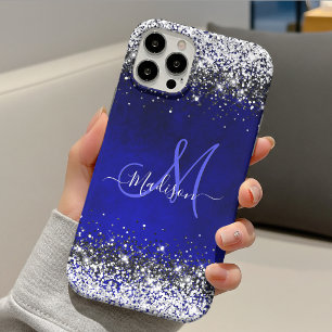 Cute royal blue silver faux glitter monogram Case-Mate iPhone case