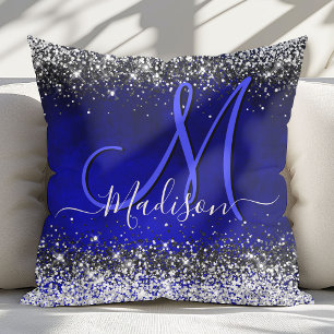 Cute royal blue silver faux glitter monogram cushion