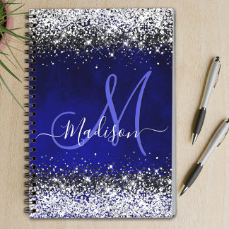 Cute royal blue silver faux glitter monogram notebook