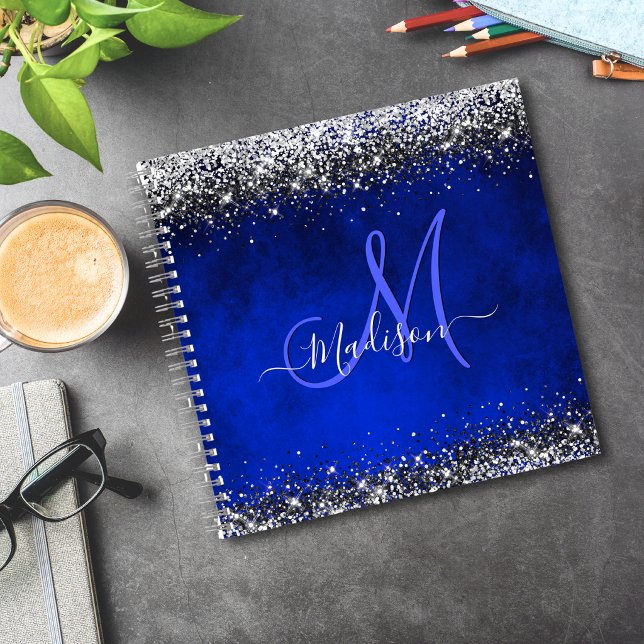 Cute royal blue silver faux glitter monogram notebook (Creator Uploaded)