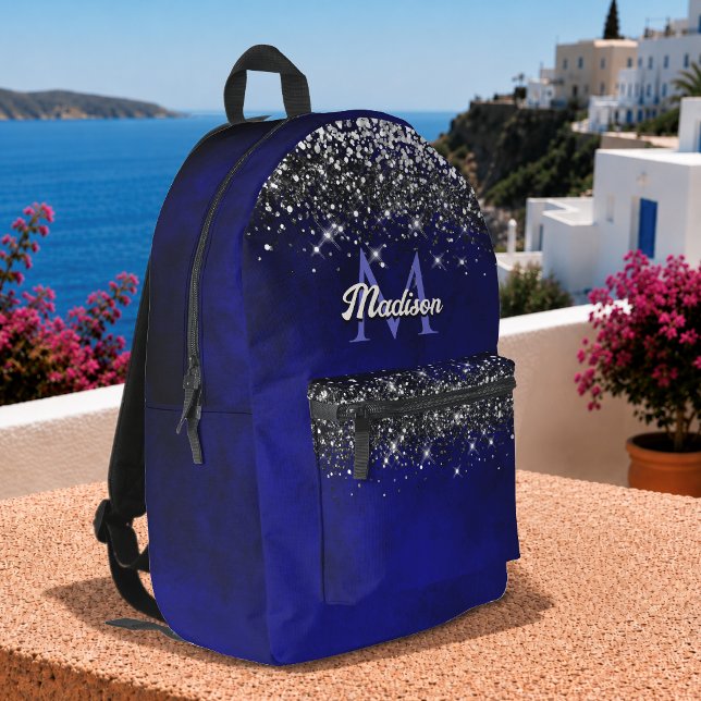 Cute royal blue silver faux glitter monogram printed backpack (Creator Uploaded)