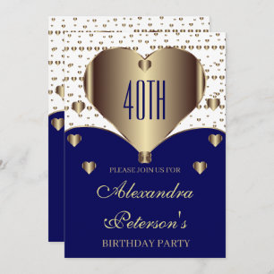 Cute Royal Blue White And Golden Hearts Birthday Invitation