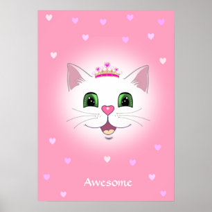 Cute royal cat face with hearts on pink poster