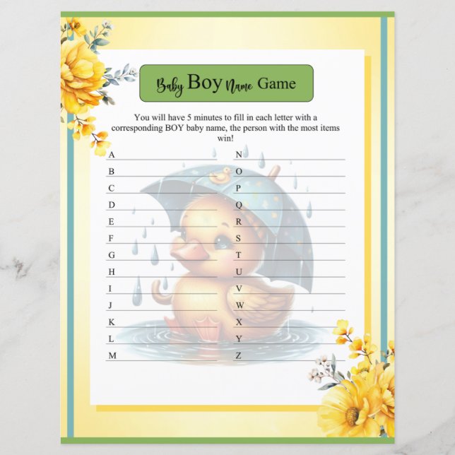 Cute Rubber Duck Baby Boy Name Game (Front)