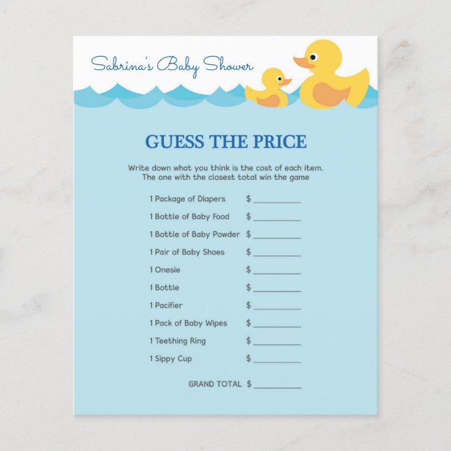 Cute Rubber Duck Theme Baby Shower Game (Front)