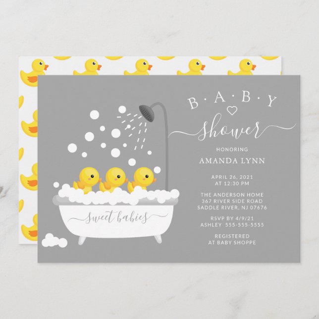 Cute Rubber Duck Triplets Baby Shower Invitation (Front/Back)