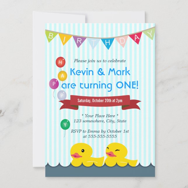 Cute Rubber Duck Twins Birthday Invitations (Front)