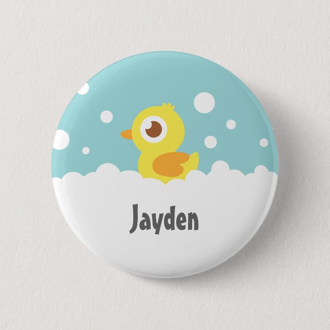 Cute Rubber Ducky in Bubble Bath Kids Name Button (Front)