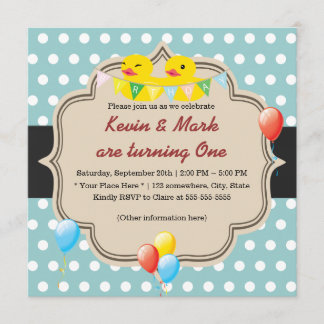 Cute Rubber Ducky Twins Polka Dots Birthday Invitation