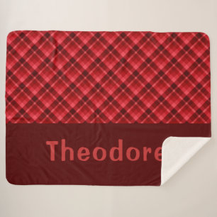 Cute Ruby Red Plaid Monogram Large Sherpa Blanket