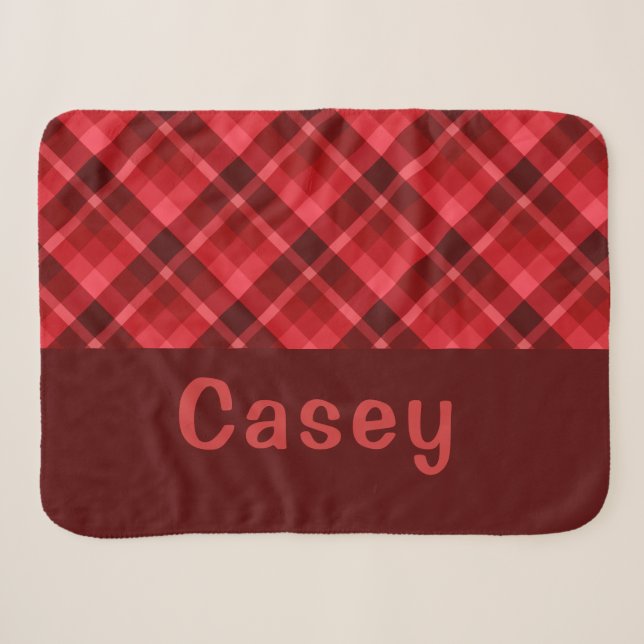 Cute Ruby Red Plaid Monogram Small Sherpa Blanket (Front (Horizontal))