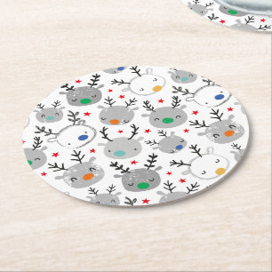 Cute Rudolph heads with little stars Round Paper Coaster