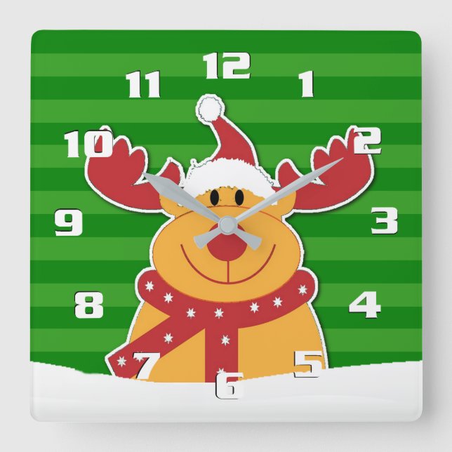 Cute Rudolph in The Snow Fun Christmas Square Wall Clock (Front)