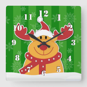 Cute Rudolph in The Snow Green Christmas Square Wall Clock