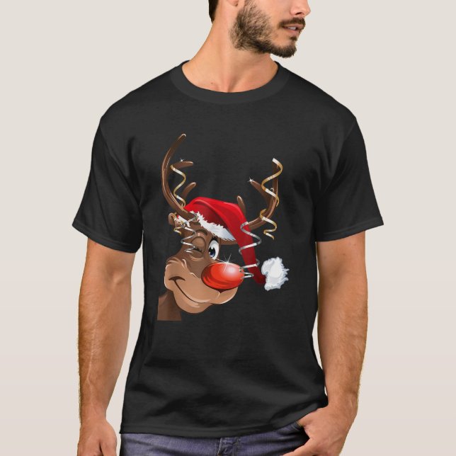 Cute Rudolph Red Nose Reindeer Santa Hat Christmas T-Shirt (Front)