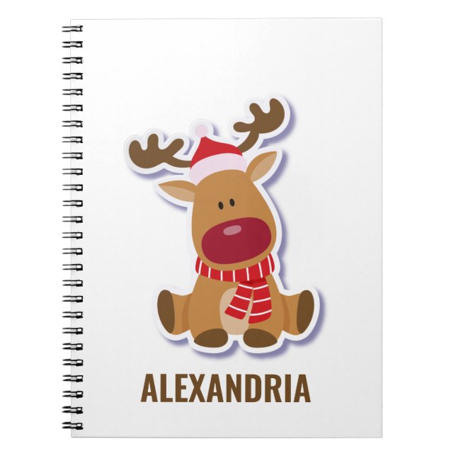 Cute Rudolph reindeer Christmas Custom Name Notebook (Front)