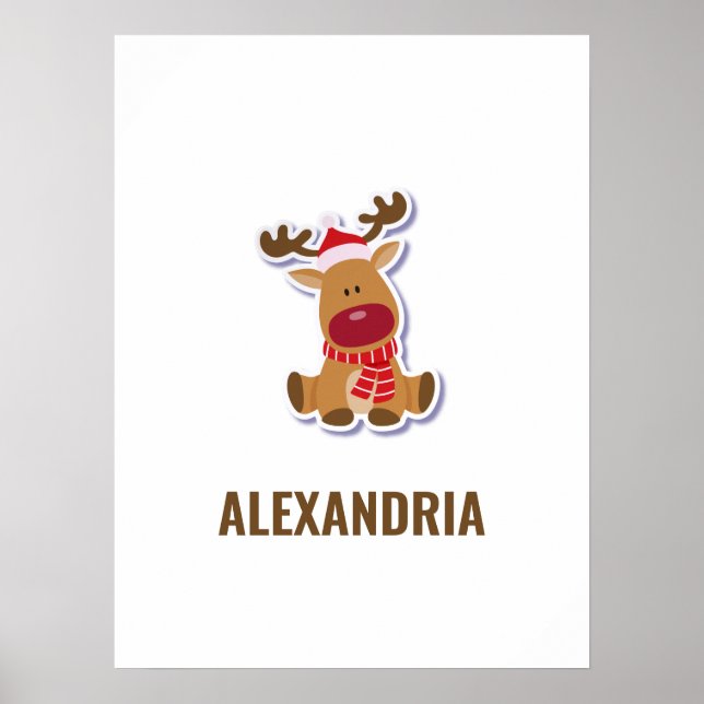 Cute Rudolph reindeer Christmas Custom Name Poster (Front)