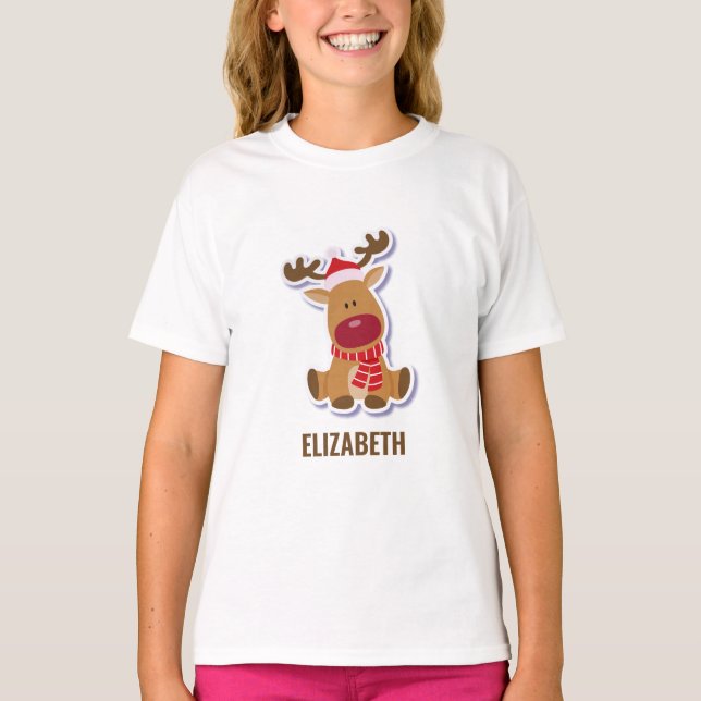 Cute Rudolph reindeer Christmas Custom Name T-Shirt (Front)