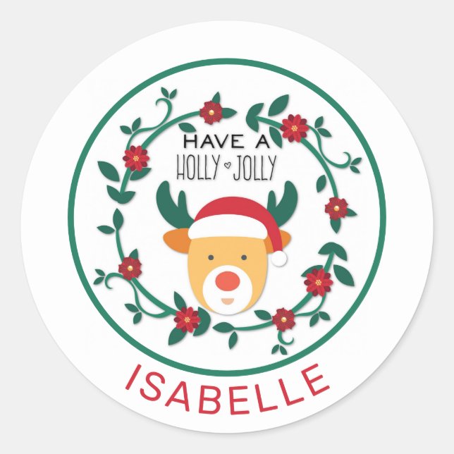 Cute Rudolph Reindeer Holly Jolly Christmas  Classic Round Sticker (Front)
