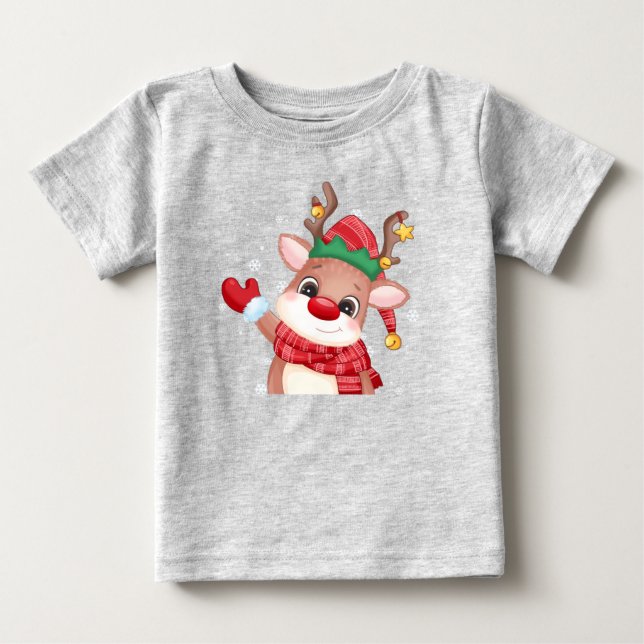 Cute Rudolph The Red Nose Reindeer Christmas Baby T-Shirt (Front)