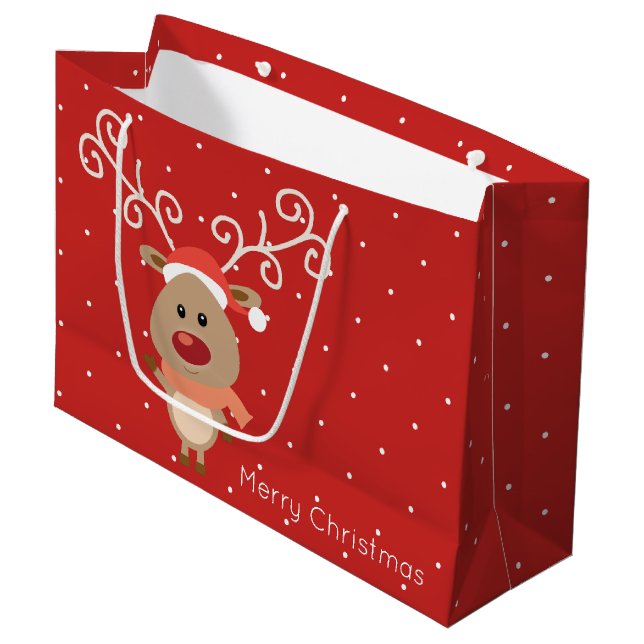 Cute Rudolph the red nosed reindeer cartoon Large Gift Bag (Front Angled)
