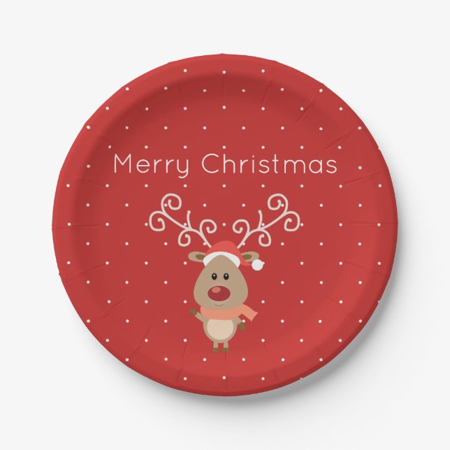 Cute Rudolph the red nosed reindeer cartoon Paper Plate (Front)
