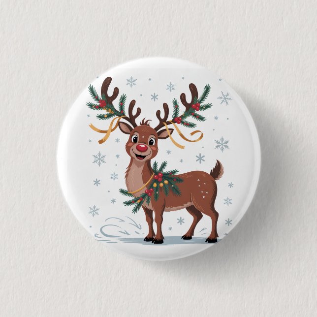 Cute Rudolph with Gold Accents 3 Cm Round Badge (Front)