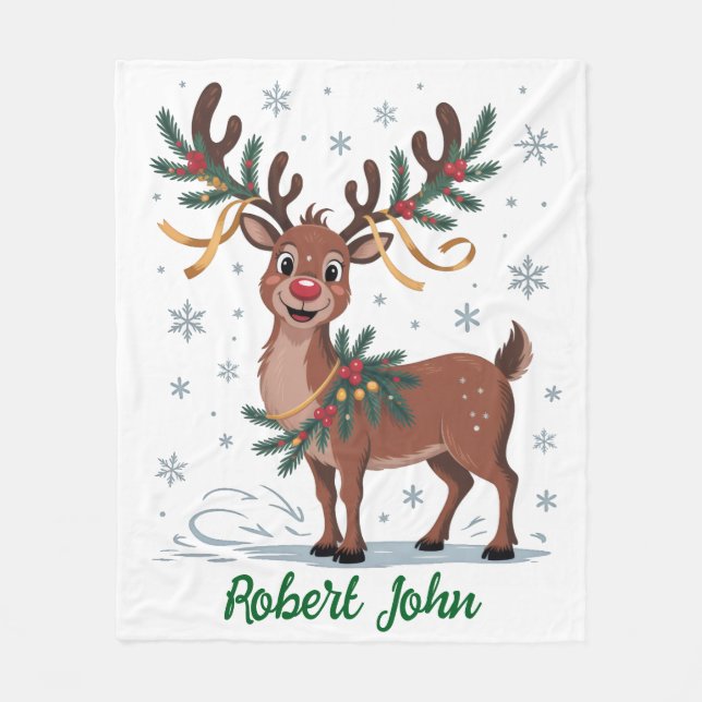 Cute Rudolph with Gold Accents Fleece Blanket (Front)
