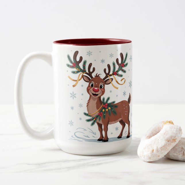 Cute Rudolph with Gold Accents Two-Tone Coffee Mug (With Donut)