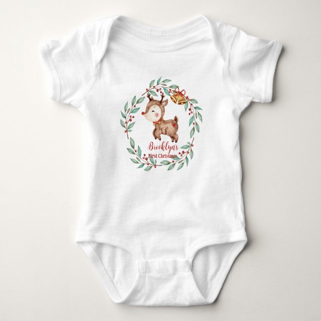 Cute Rudoph Red Nose Reindeer Christmas Birthday  Baby Bodysuit (Front)