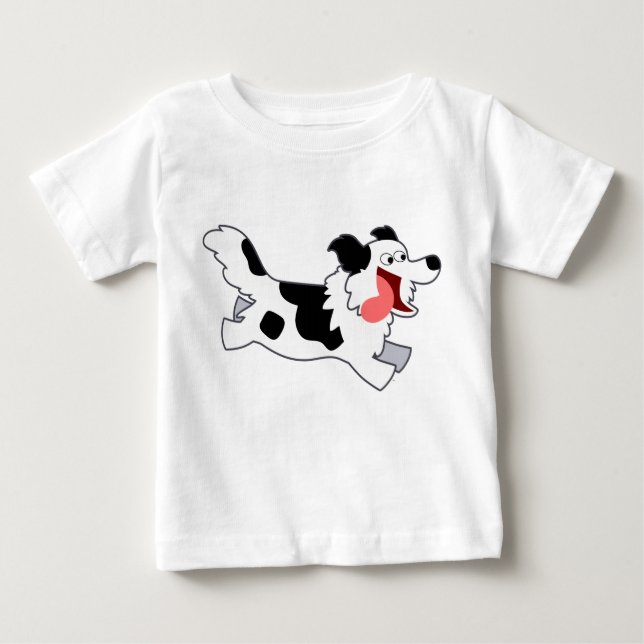 Cute Running Cartoon Border Collie Kids T-Shirt (Front)
