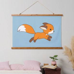 Cute Running Fox on Blue Hanging Tapestry