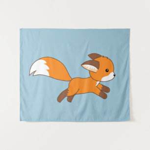 Cute Running Fox on Blue Tapestry