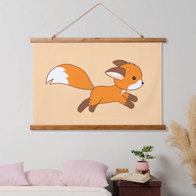 Cute Running Fox on Cream Hanging Tapestry (Bedroom)