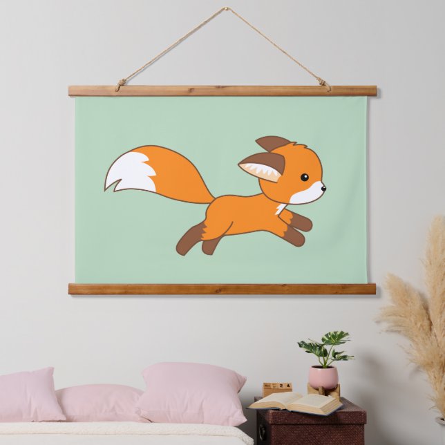 Cute Running Fox on Green Hanging Tapestry (Bedroom)