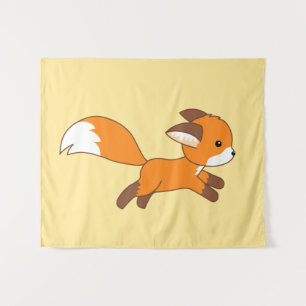 Cute Running Fox on Yellow Tapestry
