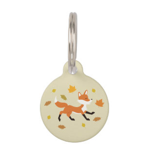 Cute Running Fox With Autumn Leaves & Pet's Info Pet Tag