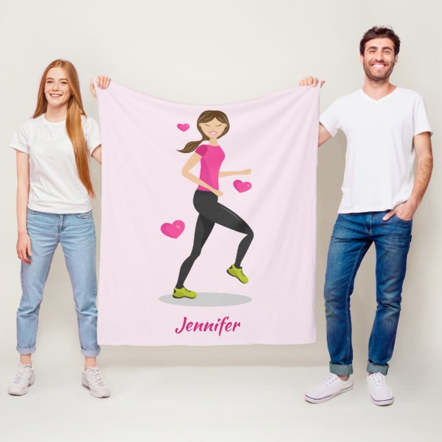 Cute Running Girl Illustration With Name Pink Fleece Blanket (In Situ)