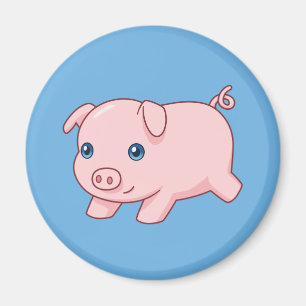 Cute Running Piglet Pig on Blue Magnet