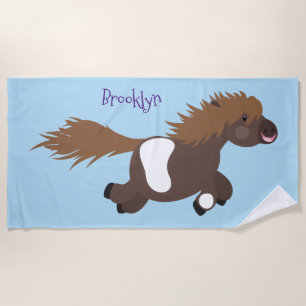 Cute running Shetland pony cartoon illustration Beach Towel